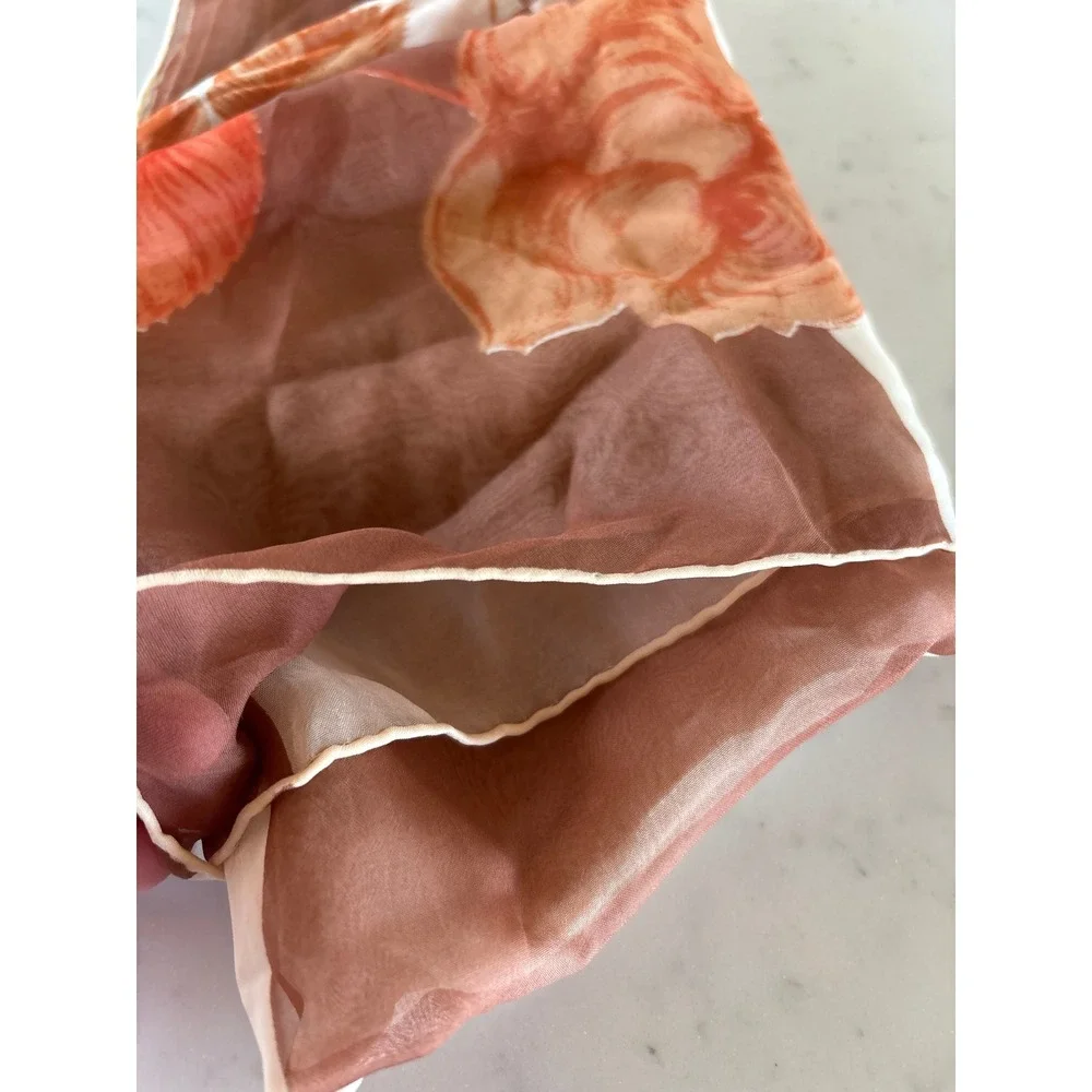 Vintage Glamour Sheer Scarf Japan Rayon Hand Rolled Floral Checkered Brown Pink